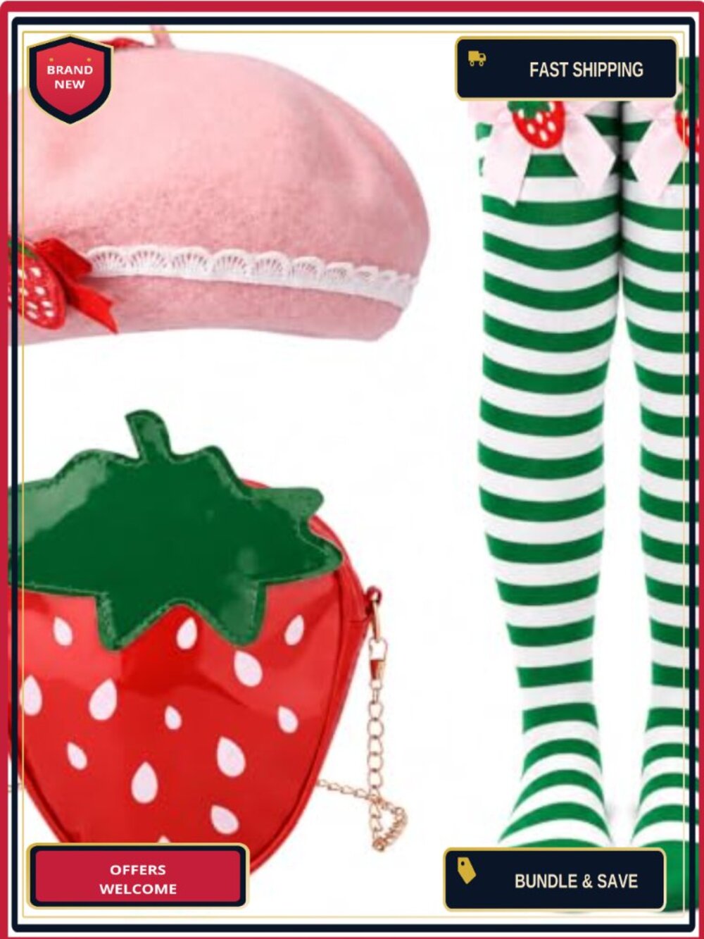 Strawberry Costume Set Bonnet Hat Thigh High Socks Bag Women Halloween 3 Pc